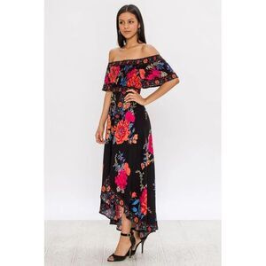 Jealous Tomato Colorful Floral Black Smocked Faux Wrap Midi Dress Women's Small